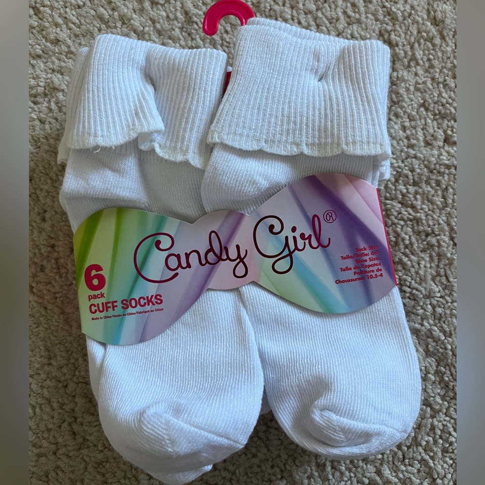 NWT Candy Girl by Planet Sox Girl’s White Cuffed Socks Set, 6 Pairs 🧦💕 Sz 6-8